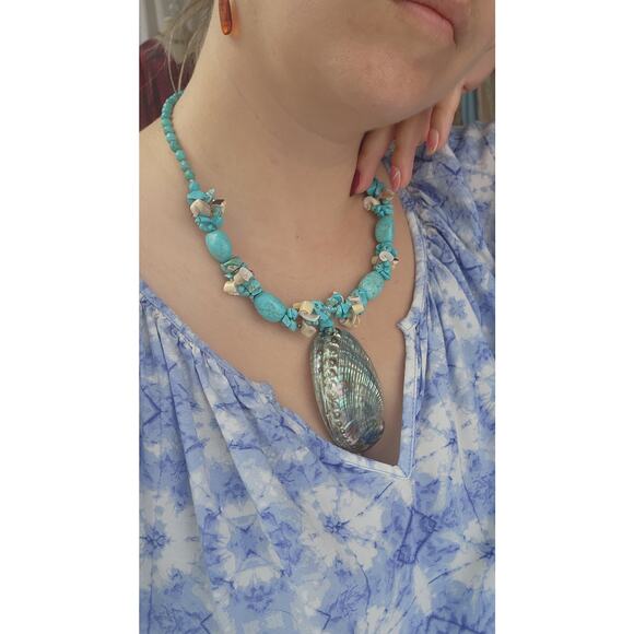 Hand Made Artisan Genuine Turquoise Blue Stone Abalone shell boho beach NECKLACE - Picture 6 of 12